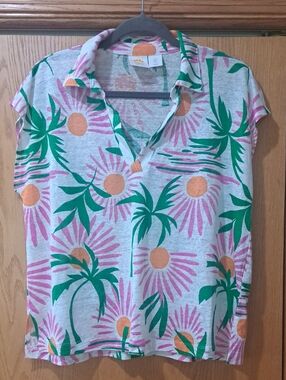 C&C California Linen Tropical Palm Print Polo Shirt - Pink & Green